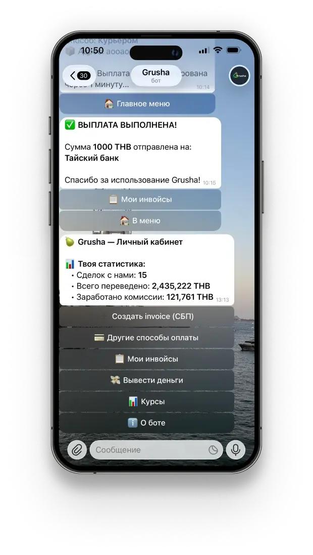 Интерфейс Grusha Bot для партнеров